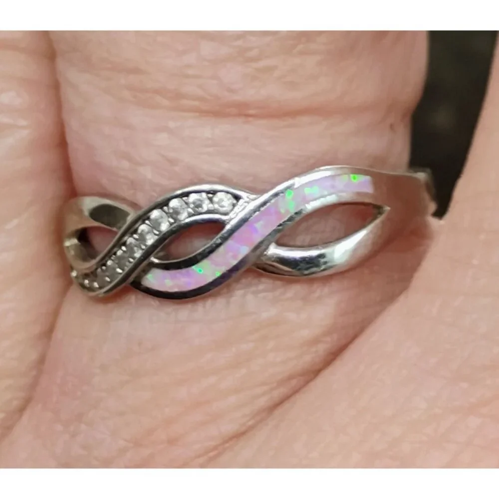 Sterling Silver Infinity Knot Ring W/ Opal Inlay and Cubic Zirconia Size 7.5 - Picture 1 of 4